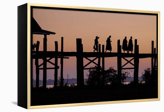 Sunset over U Bein Bridge, Taungthman Lake, U Bein, Amarapura, Myanmar (Burma), Asia-Nathalie Cuvelier-Framed Premier Image Canvas