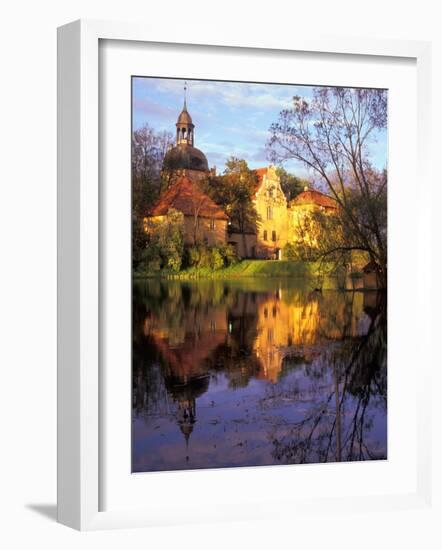 Sunset Rays on Straupe Castle and Reflection Pond, Gauja National Park, Latvia-Janis Miglavs-Framed Photographic Print