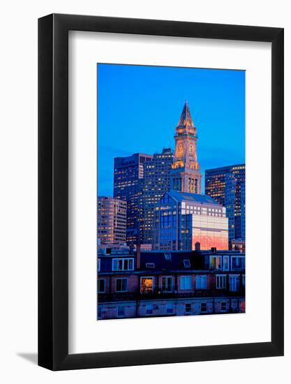 Sunset reflects in windows of Boston skyline Commerce House Tower shot at dusk, Boston, MA-null-Framed Photographic Print