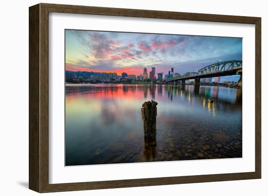 Sunset River Scene, Hawthorne Bridge, Eastbank Esplande, Portland Oregon-Vincent James-Framed Photographic Print