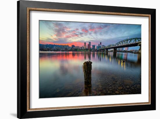 Sunset River Scene, Hawthorne Bridge, Eastbank Esplande, Portland Oregon-Vincent James-Framed Photographic Print