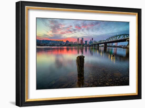 Sunset River Scene, Hawthorne Bridge, Eastbank Esplande, Portland Oregon-Vincent James-Framed Photographic Print