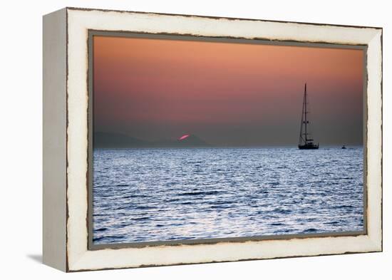 Sunset Sailboat Aegean Sea Santorini Greece-null-Framed Stretched Canvas