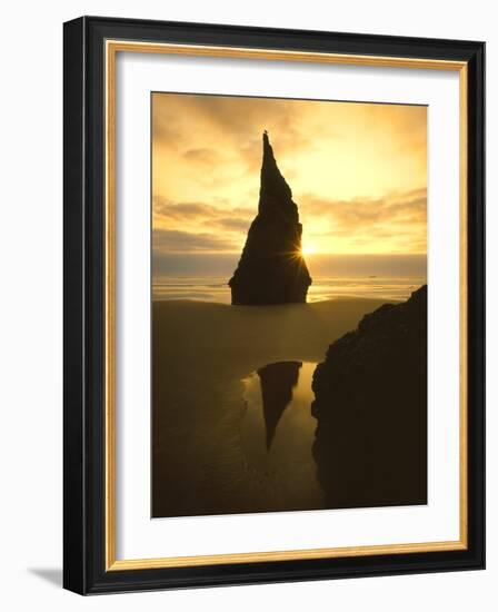 Sunset Silhouettes Seabird Atop Rock Pinnacle, Bandon Beach, Oregon, USA-Steve Terrill-Framed Photographic Print