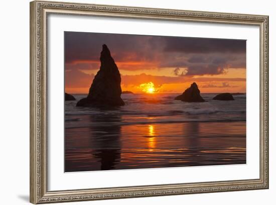 Sunset Silhouettes Seastacks, Bandon Beach, Oregon, USA-null-Framed Photographic Print