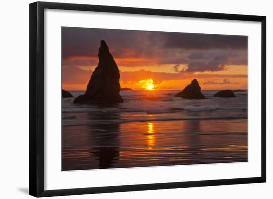 Sunset Silhouettes Seastacks, Bandon Beach, Oregon, USA-null-Framed Photographic Print