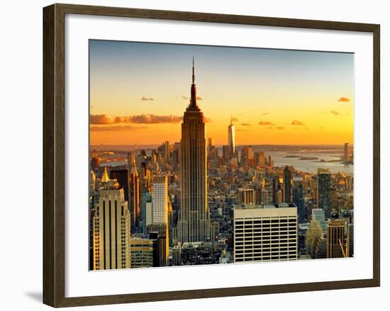 Sunset Skyscraper Landscape, Empire State Building and One World Trade Center, Manhattan, New York-Philippe Hugonnard-Framed Photographic Print