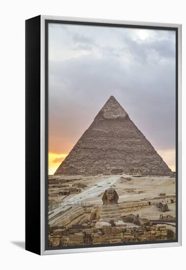 Sunset, Sphinx in Foreground and the Pyramid of Chephren, the Pyramids of Giza-Richard Maschmeyer-Framed Premier Image Canvas