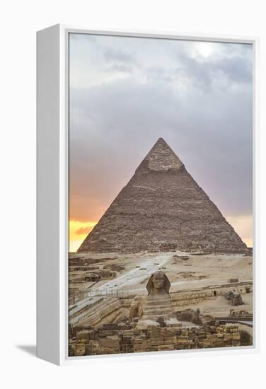 Sunset, Sphinx in Foreground and the Pyramid of Chephren, the Pyramids of Giza-Richard Maschmeyer-Framed Premier Image Canvas