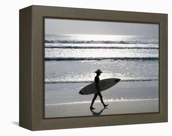 Sunset, Surfer Walking Along Beach, Kuta Beach, Bali, Indonesia-null-Framed Premier Image Canvas