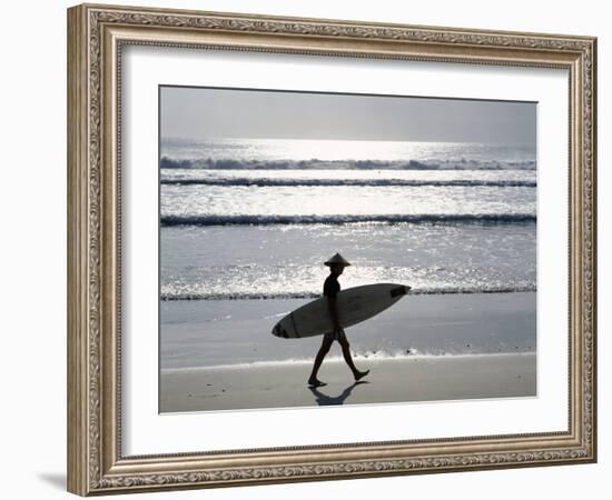 Sunset, Surfer Walking Along Beach, Kuta Beach, Bali, Indonesia-null-Framed Photographic Print