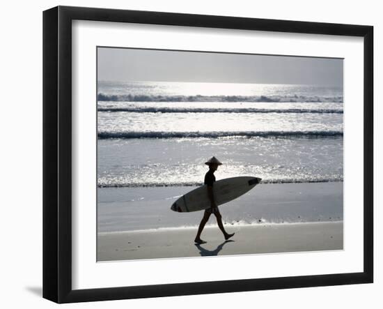 Sunset, Surfer Walking Along Beach, Kuta Beach, Bali, Indonesia-null-Framed Photographic Print
