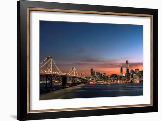 Sunset view of San Francisco from Treasure Island of the Bay Bridge with pink clouds at blue hour-David Chang-Framed Photographic Print