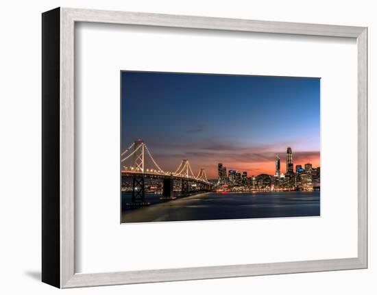 Sunset view of San Francisco from Treasure Island of the Bay Bridge with pink clouds at blue hour-David Chang-Framed Premium Photographic Print