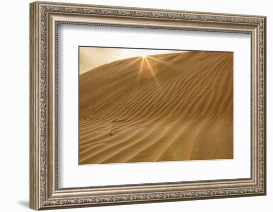 Sunset with Sunburst. Desert with sand. Abu Dhabi, United Arab Emirates.-Tom Norring-Framed Photographic Print