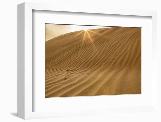 Sunset with Sunburst. Desert with sand. Abu Dhabi, United Arab Emirates.-Tom Norring-Framed Photographic Print