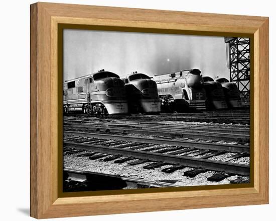 Super Chief and El Capitan Locomotives from the Santa Fe Railroad Sitting in a Rail Yard-William Vandivert-Framed Premier Image Canvas