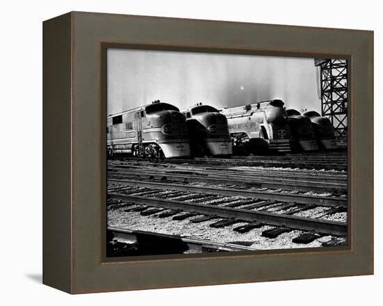 Super Chief and El Capitan Locomotives from the Santa Fe Railroad Sitting in a Rail Yard-William Vandivert-Framed Premier Image Canvas