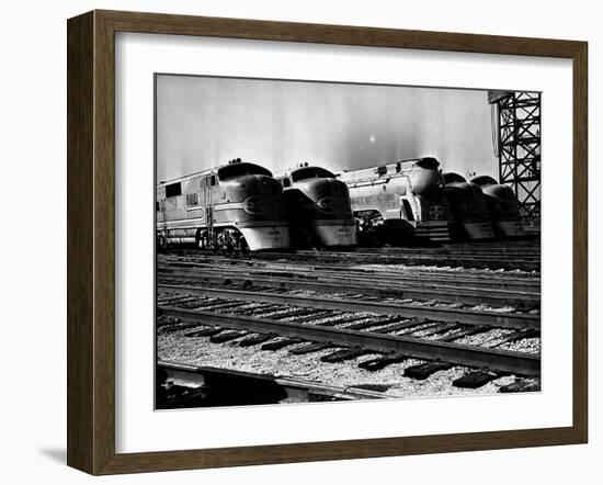 Super Chief and El Capitan Locomotives from the Santa Fe Railroad Sitting in a Rail Yard-William Vandivert-Framed Premium Photographic Print