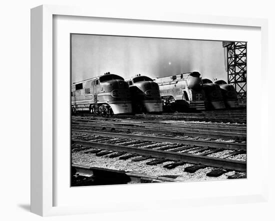 Super Chief and El Capitan Locomotives from the Santa Fe Railroad Sitting in a Rail Yard-William Vandivert-Framed Premium Photographic Print