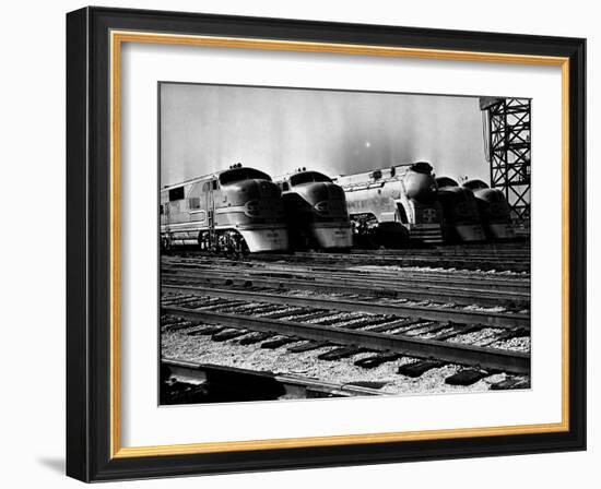 Super Chief and El Capitan Locomotives from the Santa Fe Railroad Sitting in a Rail Yard-William Vandivert-Framed Premium Photographic Print