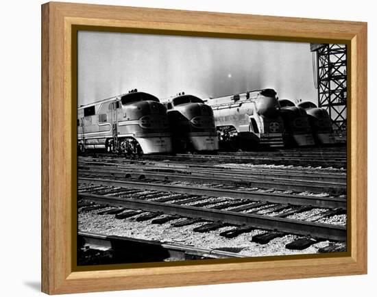 Super Chief and El Capitan Locomotives from the Santa Fe Railroad Sitting in a Rail Yard-William Vandivert-Framed Premier Image Canvas