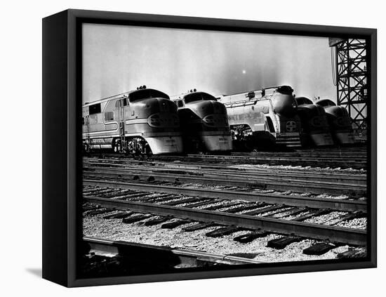 Super Chief and El Capitan Locomotives from the Santa Fe Railroad Sitting in a Rail Yard-William Vandivert-Framed Premier Image Canvas