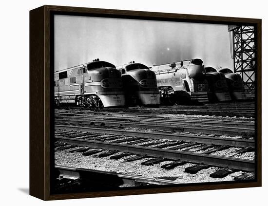 Super Chief and El Capitan Locomotives from the Santa Fe Railroad Sitting in a Rail Yard-William Vandivert-Framed Premier Image Canvas