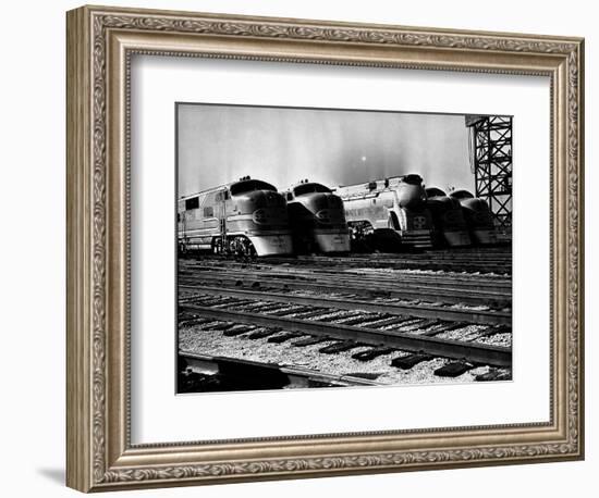 Super Chief and El Capitan Locomotives from the Santa Fe Railroad Sitting in a Rail Yard-William Vandivert-Framed Photographic Print