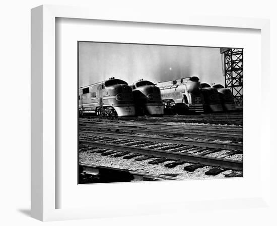 Super Chief and El Capitan Locomotives from the Santa Fe Railroad Sitting in a Rail Yard-William Vandivert-Framed Photographic Print