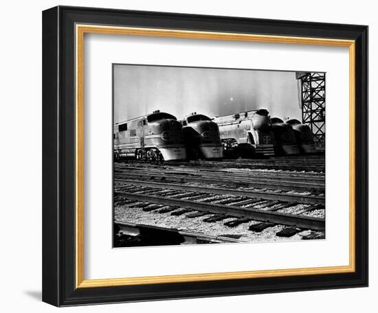 Super Chief and El Capitan Locomotives from the Santa Fe Railroad Sitting in a Rail Yard-William Vandivert-Framed Photographic Print