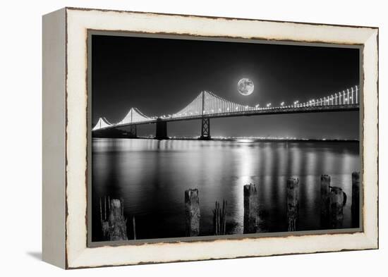 Super full moon rising in San Francisco Embarcadero pier over the Bay Bridge in the evening-David Chang-Framed Premier Image Canvas