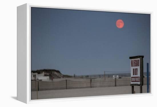 Super Moon and Lifeguard Sign Seen on Atlantic Beach on Long Island, NY-null-Framed Stretched Canvas