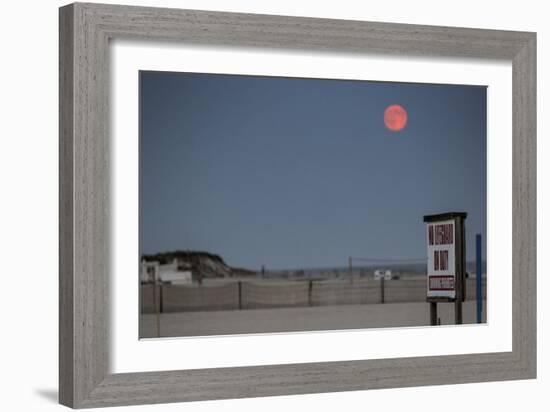 Super Moon and Lifeguard Sign Seen on Atlantic Beach on Long Island, NY-null-Framed Photo