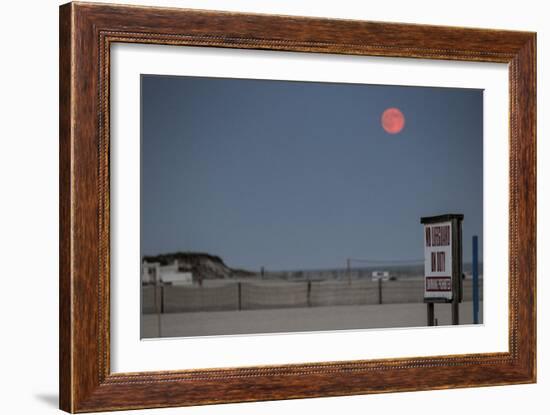 Super Moon and Lifeguard Sign Seen on Atlantic Beach on Long Island, NY-null-Framed Photo