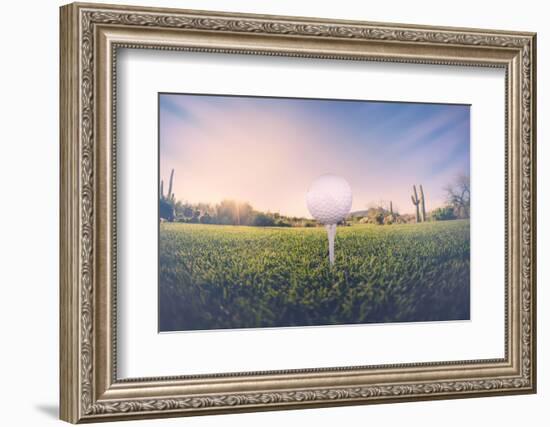 Super Wide Angle View of Golf Ball on Tee with Desert Fairway and Stunning Arizona Sunset in Backgr-BCFC-Framed Premium Photographic Print