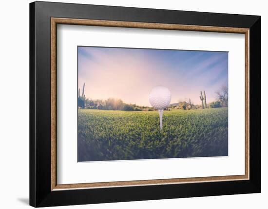 Super Wide Angle View of Golf Ball on Tee with Desert Fairway and Stunning Arizona Sunset in Backgr-BCFC-Framed Premium Photographic Print