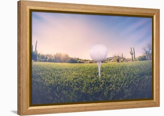 Super Wide Angle View of Golf Ball on Tee with Desert Fairway and Stunning Arizona Sunset in Backgr-BCFC-Framed Premier Image Canvas