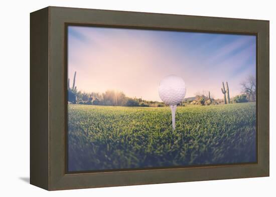 Super Wide Angle View of Golf Ball on Tee with Desert Fairway and Stunning Arizona Sunset in Backgr-BCFC-Framed Premier Image Canvas