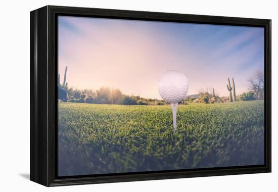 Super Wide Angle View of Golf Ball on Tee with Desert Fairway and Stunning Arizona Sunset in Backgr-BCFC-Framed Premier Image Canvas