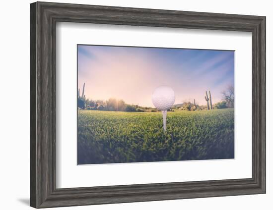 Super Wide Angle View of Golf Ball on Tee with Desert Fairway and Stunning Arizona Sunset in Backgr-BCFC-Framed Photographic Print