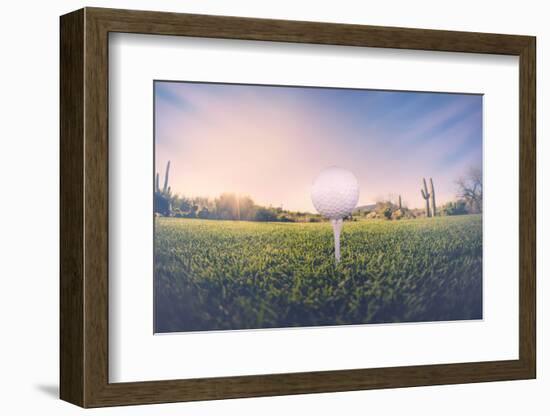 Super Wide Angle View of Golf Ball on Tee with Desert Fairway and Stunning Arizona Sunset in Backgr-BCFC-Framed Photographic Print