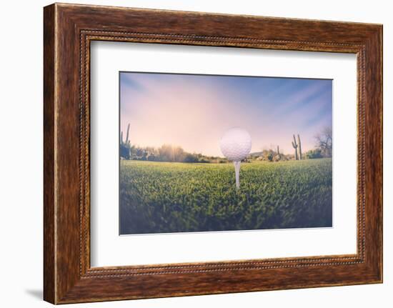 Super Wide Angle View of Golf Ball on Tee with Desert Fairway and Stunning Arizona Sunset in Backgr-BCFC-Framed Photographic Print