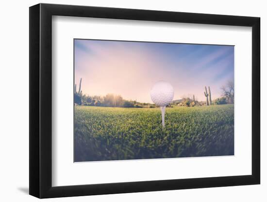 Super Wide Angle View of Golf Ball on Tee with Desert Fairway and Stunning Arizona Sunset in Backgr-BCFC-Framed Photographic Print