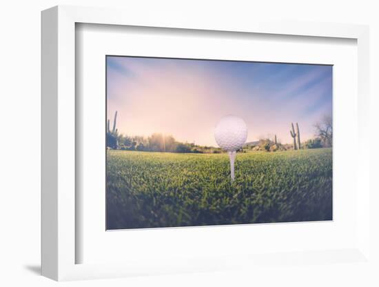 Super Wide Angle View of Golf Ball on Tee with Desert Fairway and Stunning Arizona Sunset in Backgr-BCFC-Framed Photographic Print