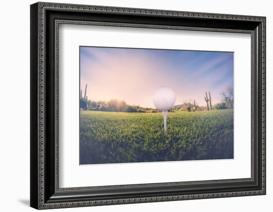 Super Wide Angle View of Golf Ball on Tee with Desert Fairway and Stunning Arizona Sunset in Backgr-BCFC-Framed Photographic Print