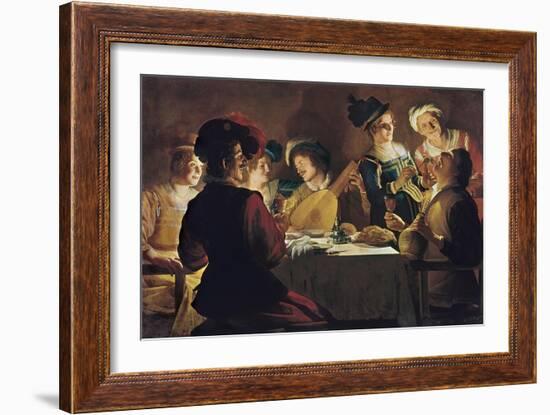 Supper with the Minstrel and His Lute-Gerrit van Honthorst-Framed Art Print