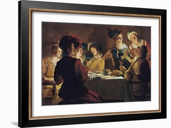 Supper with the Minstrel and His Lute-Gerrit van Honthorst-Framed Art Print