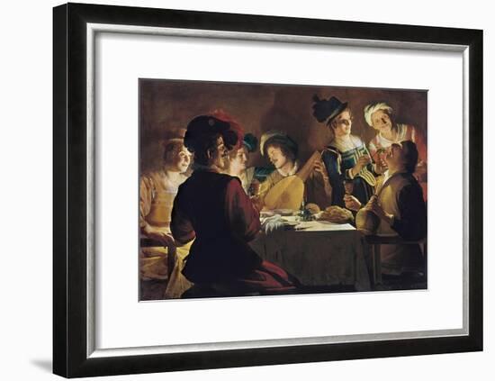 Supper with the Minstrel and His Lute-Gerrit van Honthorst-Framed Art Print
