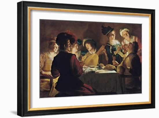 Supper with the Minstrel and His Lute-Gerrit van Honthorst-Framed Art Print